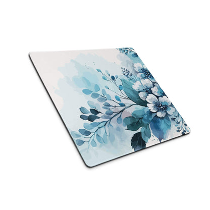 Blue floral watercolor large gaming mouse pad with non-slip base