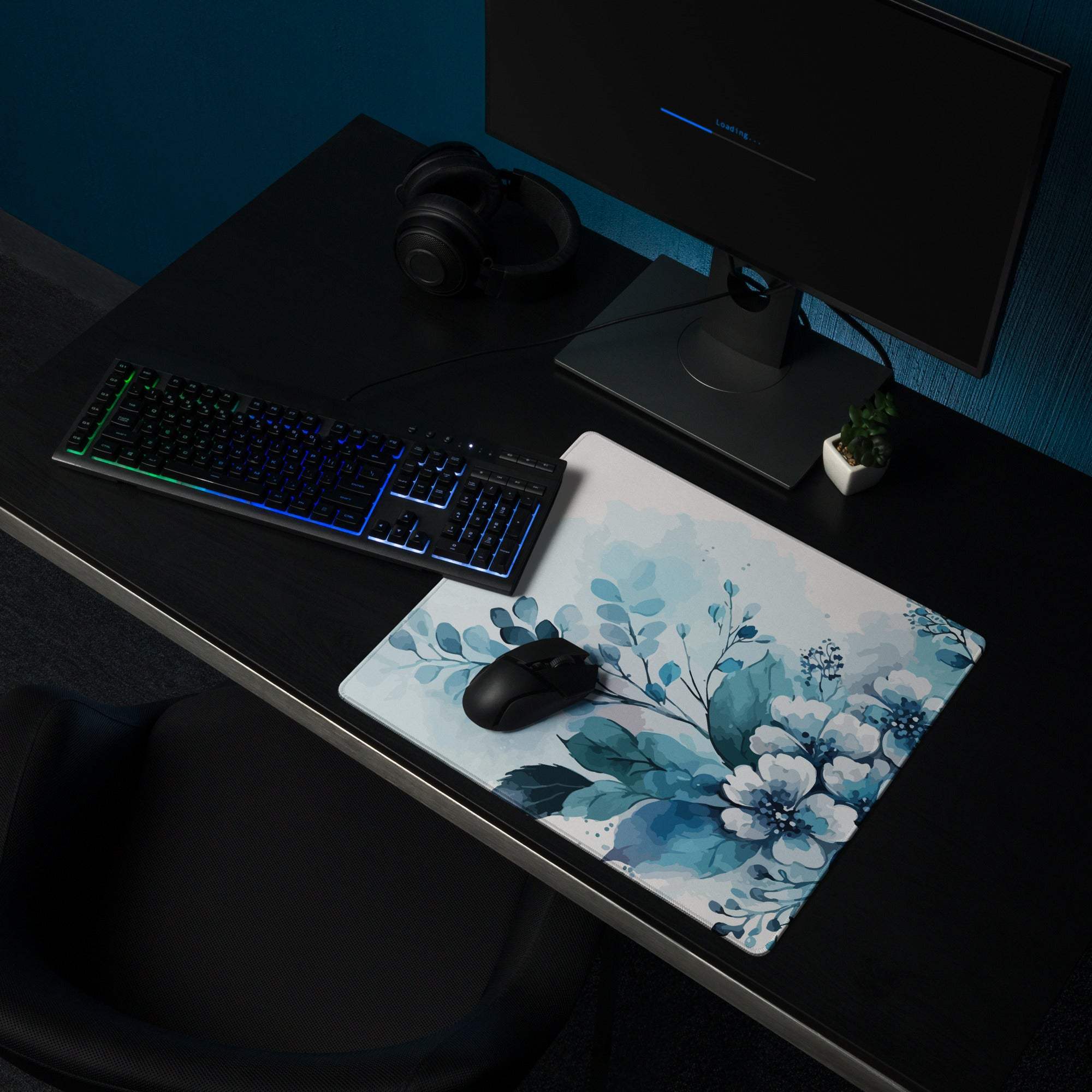 Blue floral watercolor gaming mouse pad with non-slip base and mouse