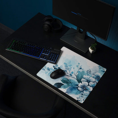 Blue floral watercolor gaming mouse pad with non-slip base and mouse