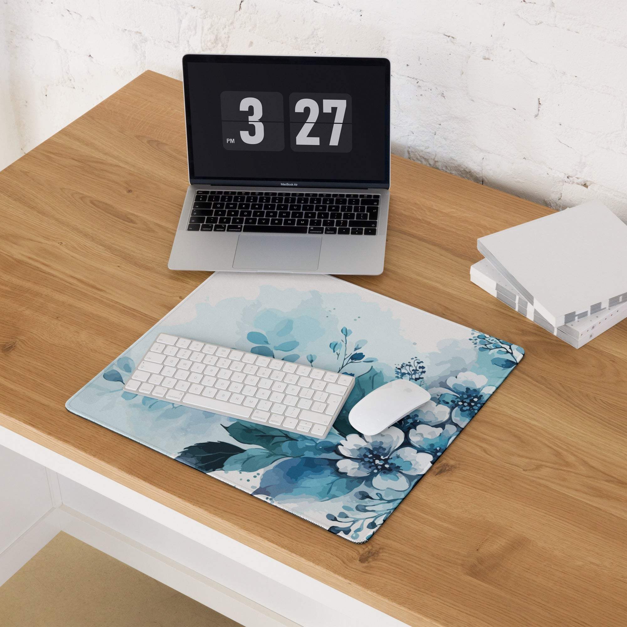 Blue floral large gaming mouse pad with non-slip base and stitched edges