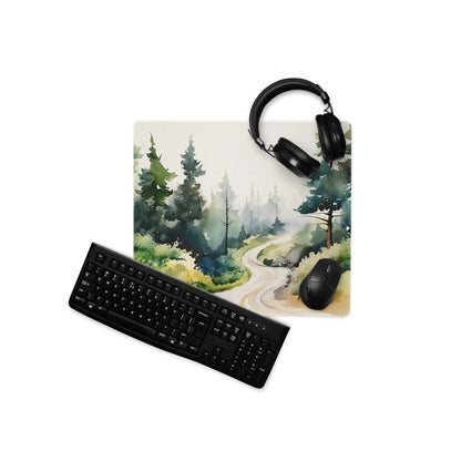 Large forest watercolor gaming mousepad with headphones, non-slip backing