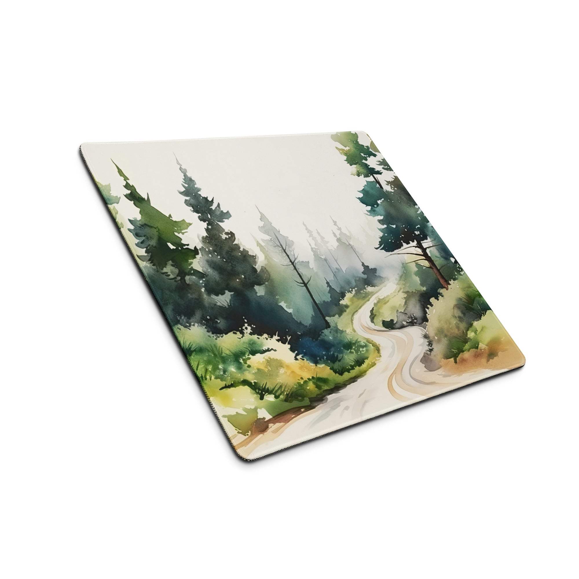 Large forest watercolor gaming mouse pad with path, non-slip backing, stitching