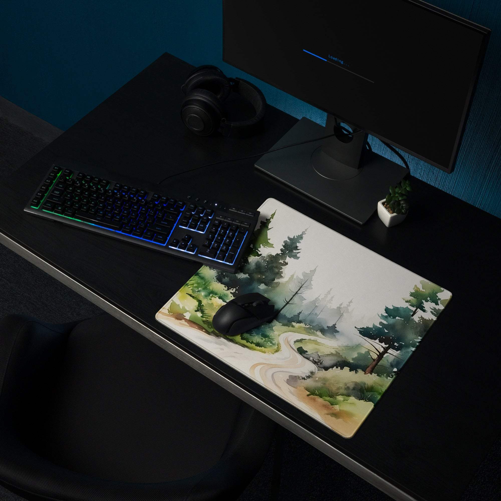 Large forest watercolor gaming mouse pad with non-slip backing and edge stitching