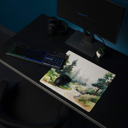 Large forest watercolor gaming mouse pad with non-slip backing and edge stitching