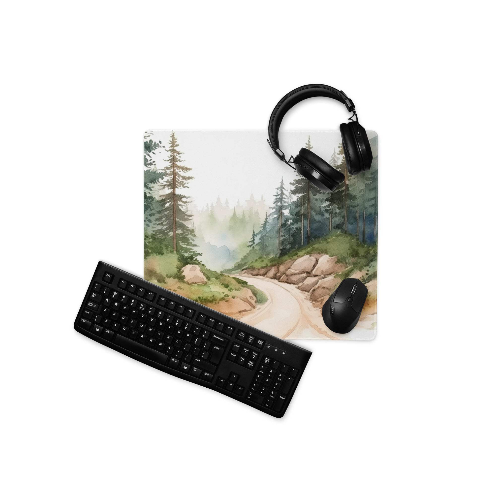 Large watercolor forest gaming mouse pad with misty pines, road, non-slip backing