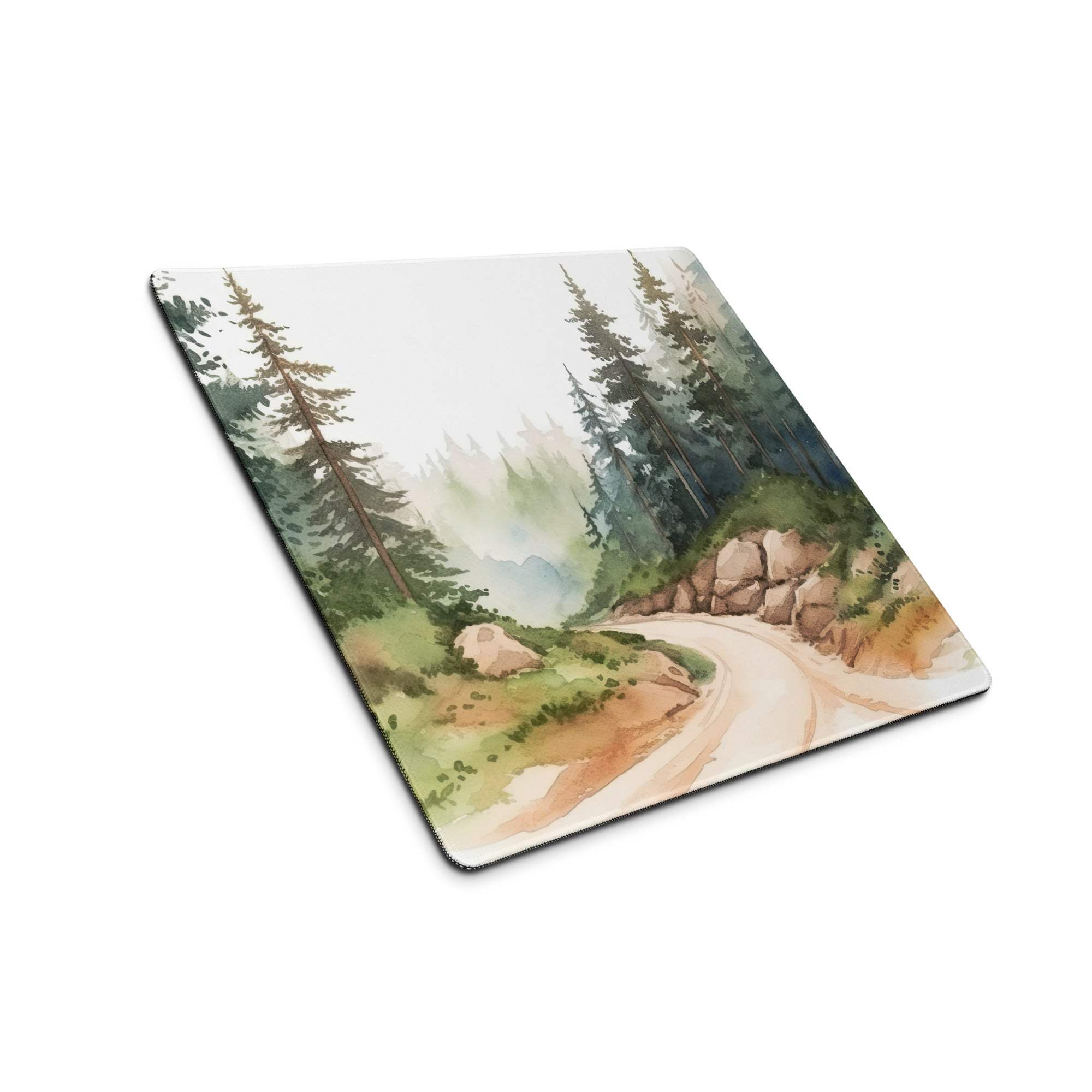 Watercolor forest gaming mouse pad with evergreen trees, misty mountains, path, non-slip backing