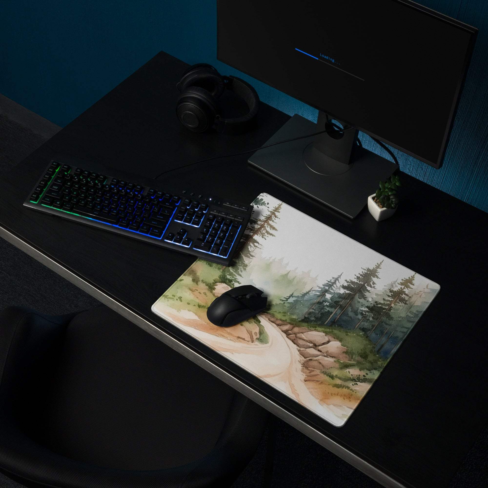 Watercolor forest gaming mouse pad in calm green tones, large non-slip
