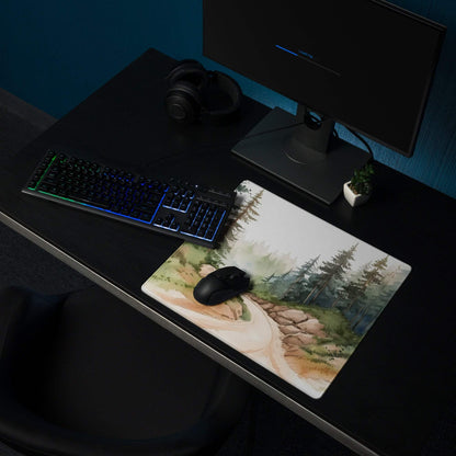 Watercolor forest gaming mouse pad in calm green tones, large non-slip