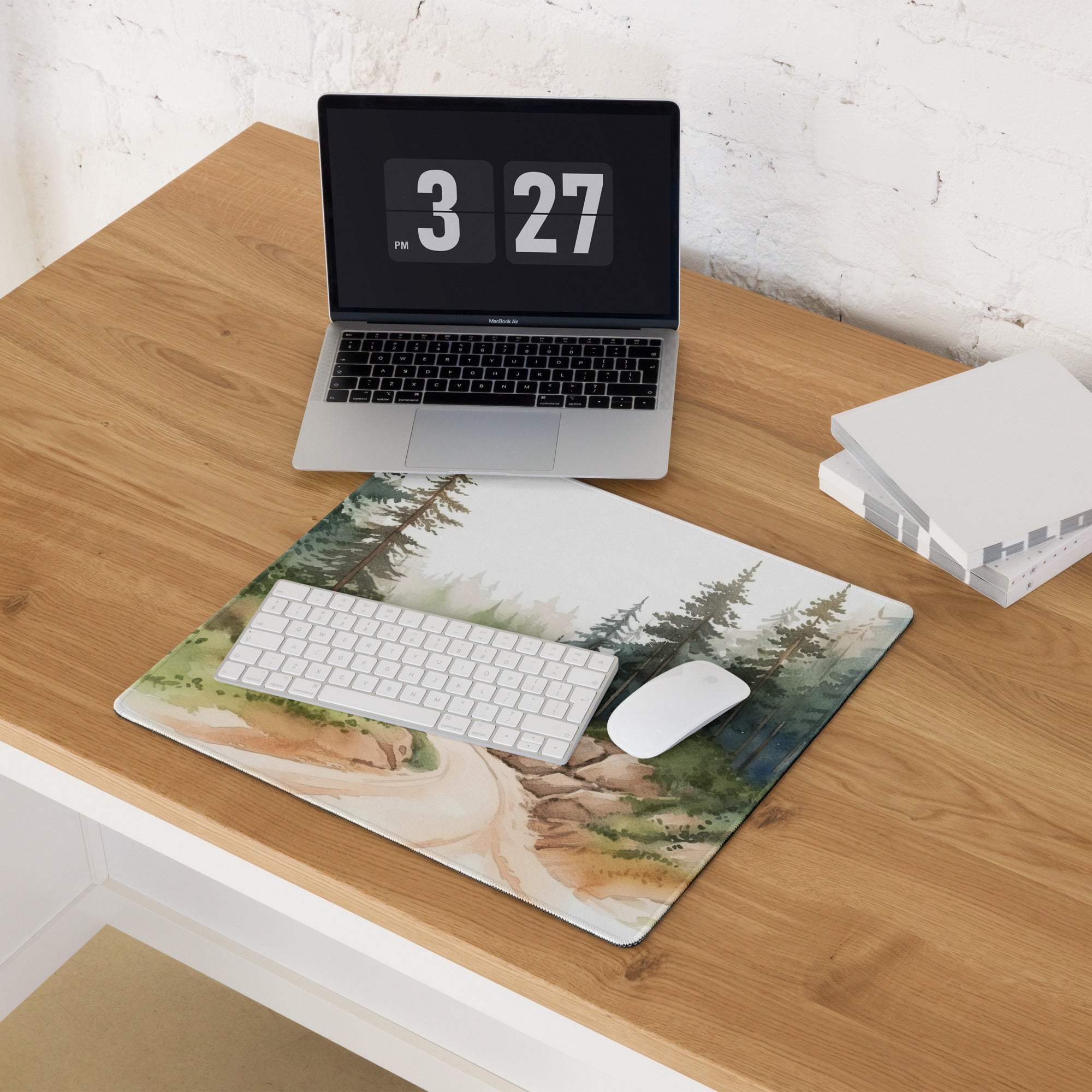Watercolor forest gaming mouse pad in calm green tones, large non-slip size