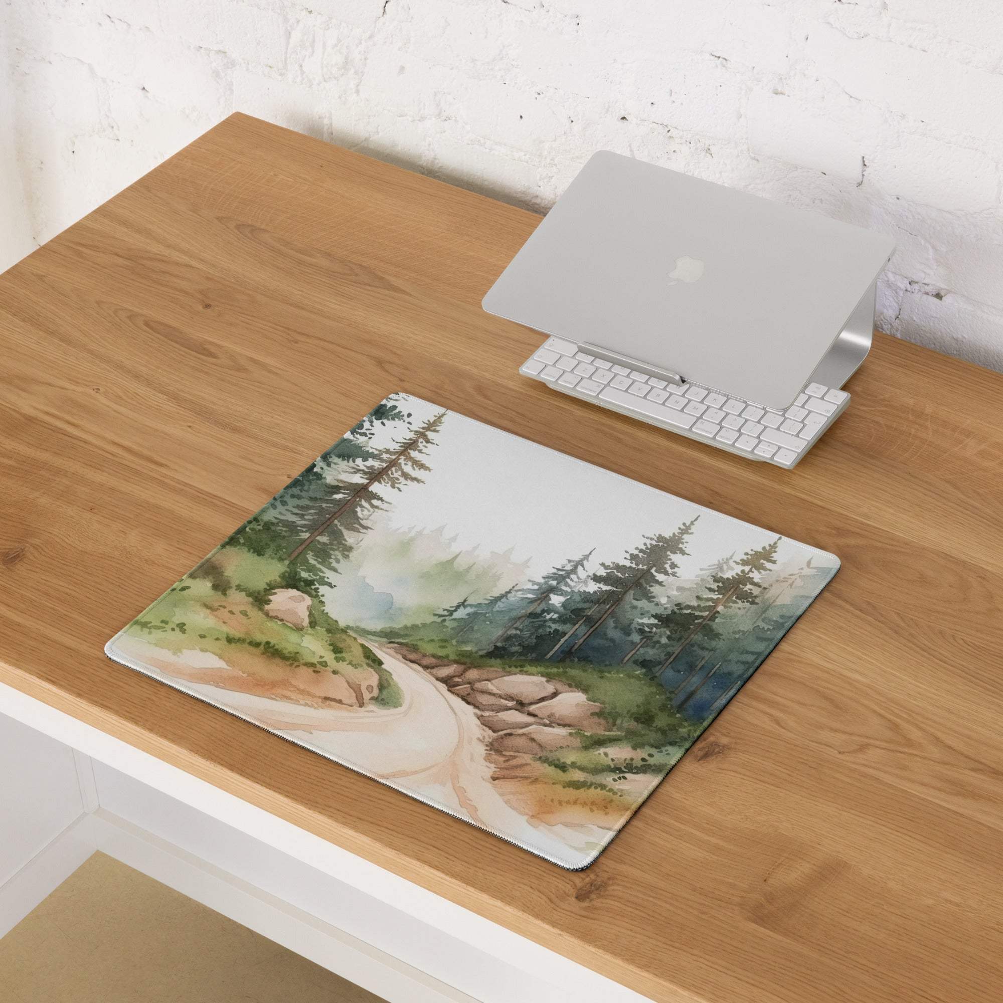 Watercolor forest trail gaming mouse pad in calm green tones, large non-slip