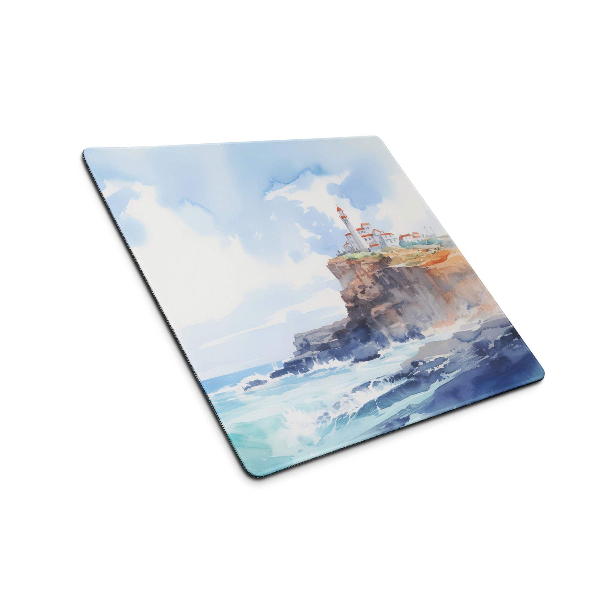 Blue watercolor coastal lighthouse mousepad on rocky cliffs, large non-slip gaming pad
