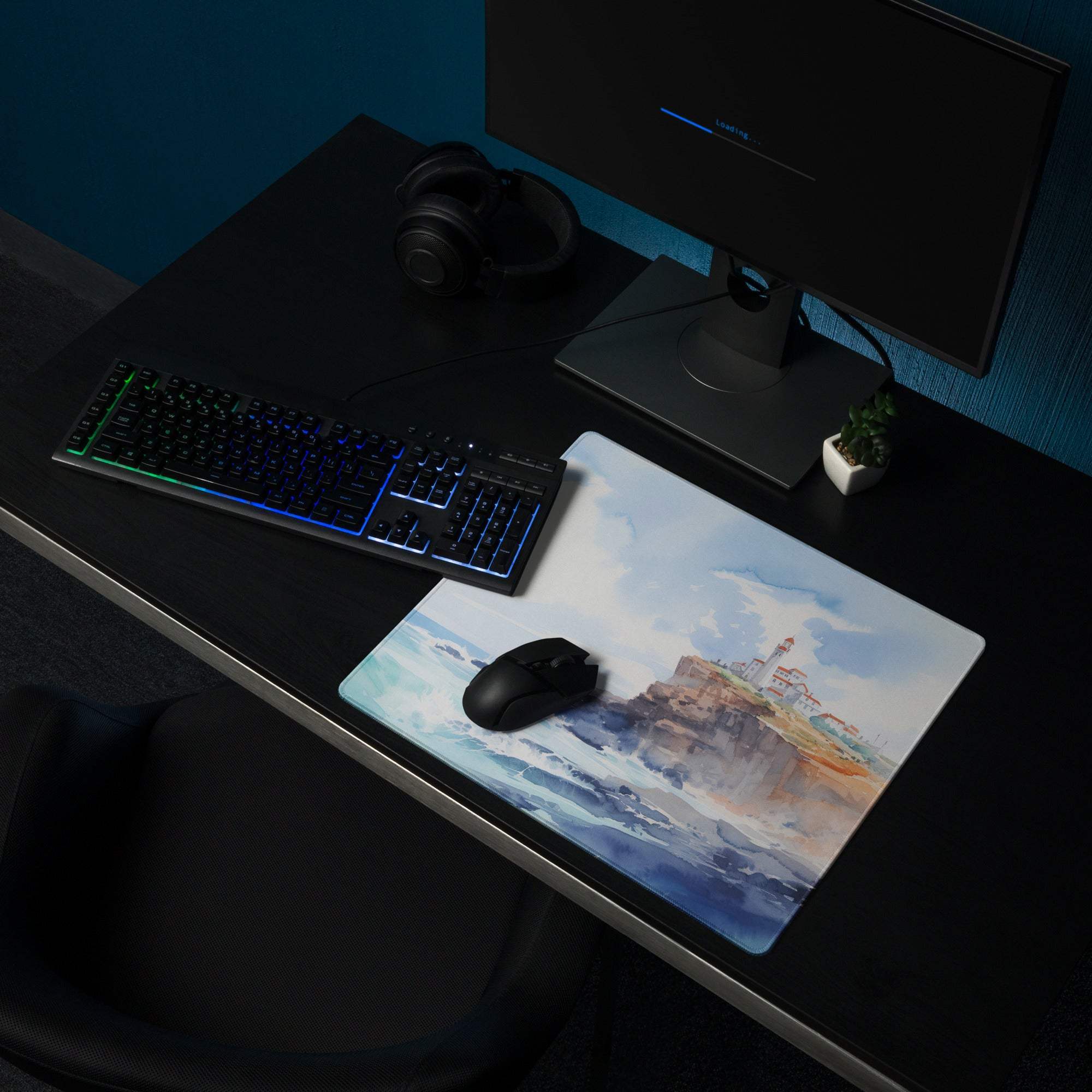 Watercolor coastal lighthouse gaming mouse pad in calm blues with non-slip base