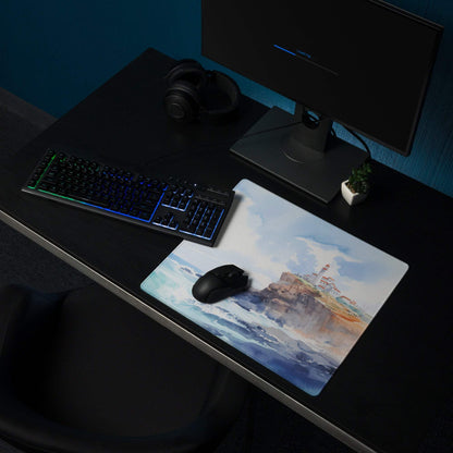 Watercolor coastal lighthouse gaming mouse pad in calm blues with non-slip base