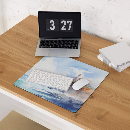 Blue white watercolor ocean lighthouse mousepad large non-slip base