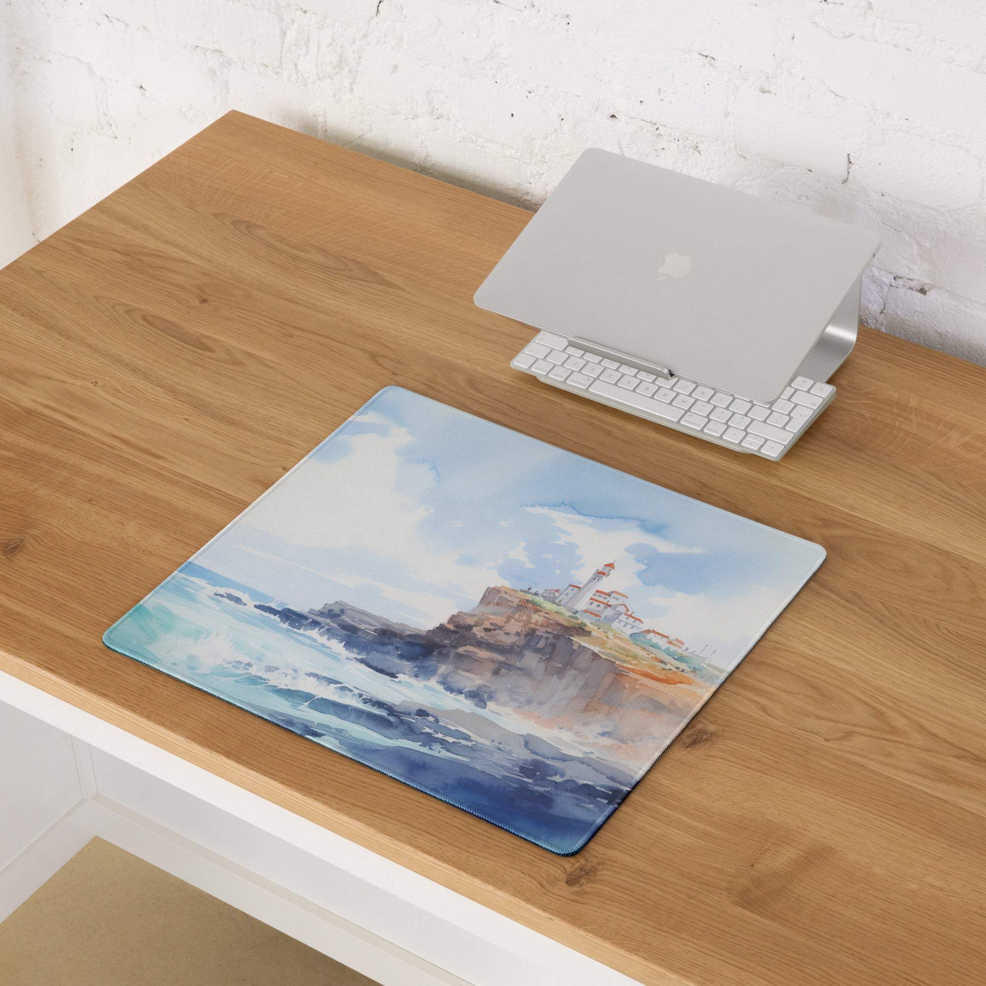 Blue watercolor coastal lighthouse mousepad on rocky cliffs, large non-slip gaming pad