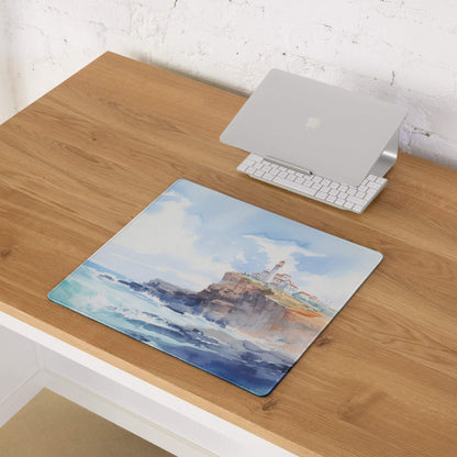 Blue watercolor coastal lighthouse mousepad on rocky cliffs, large non-slip gaming pad