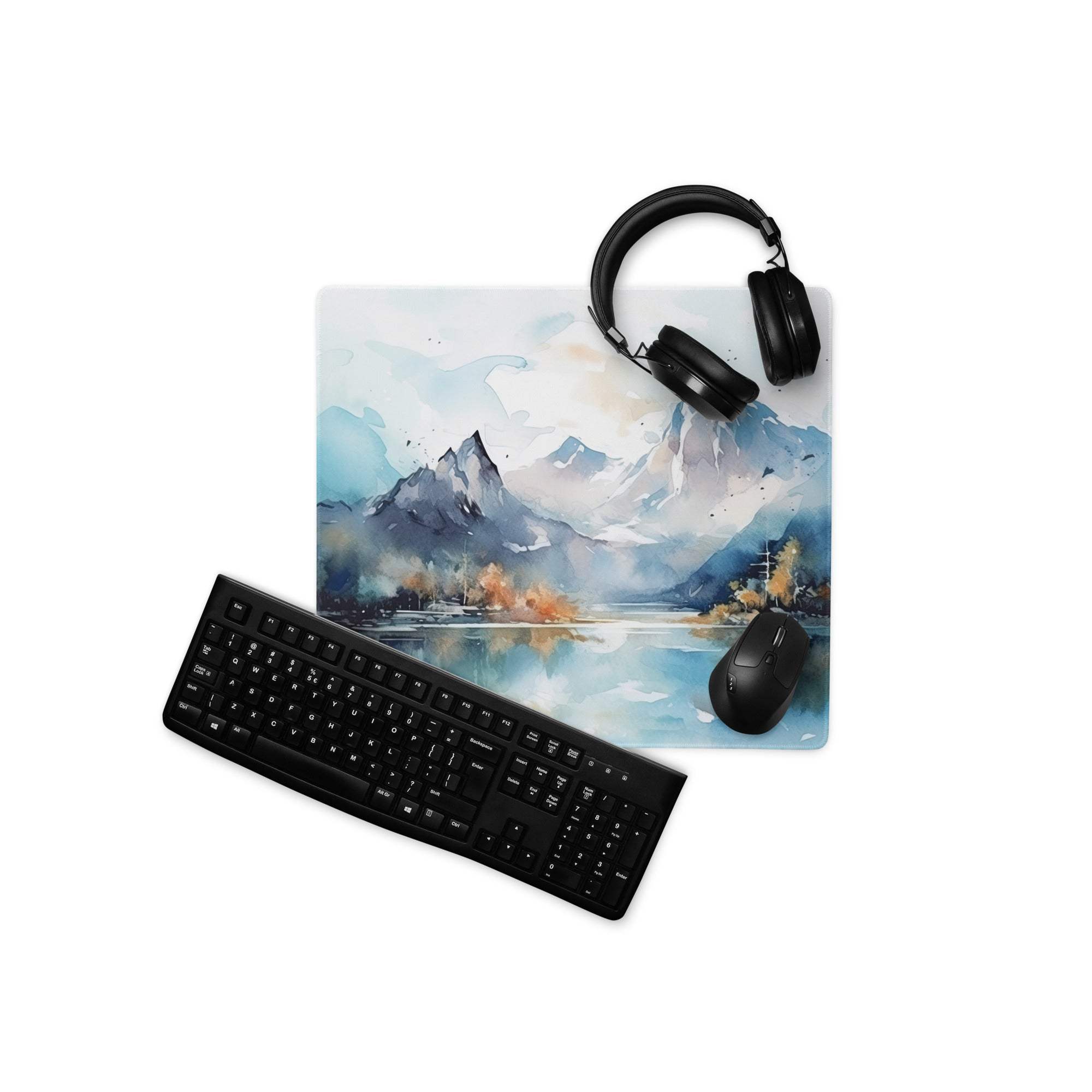 Blue white watercolor mountain landscape gaming mousepad