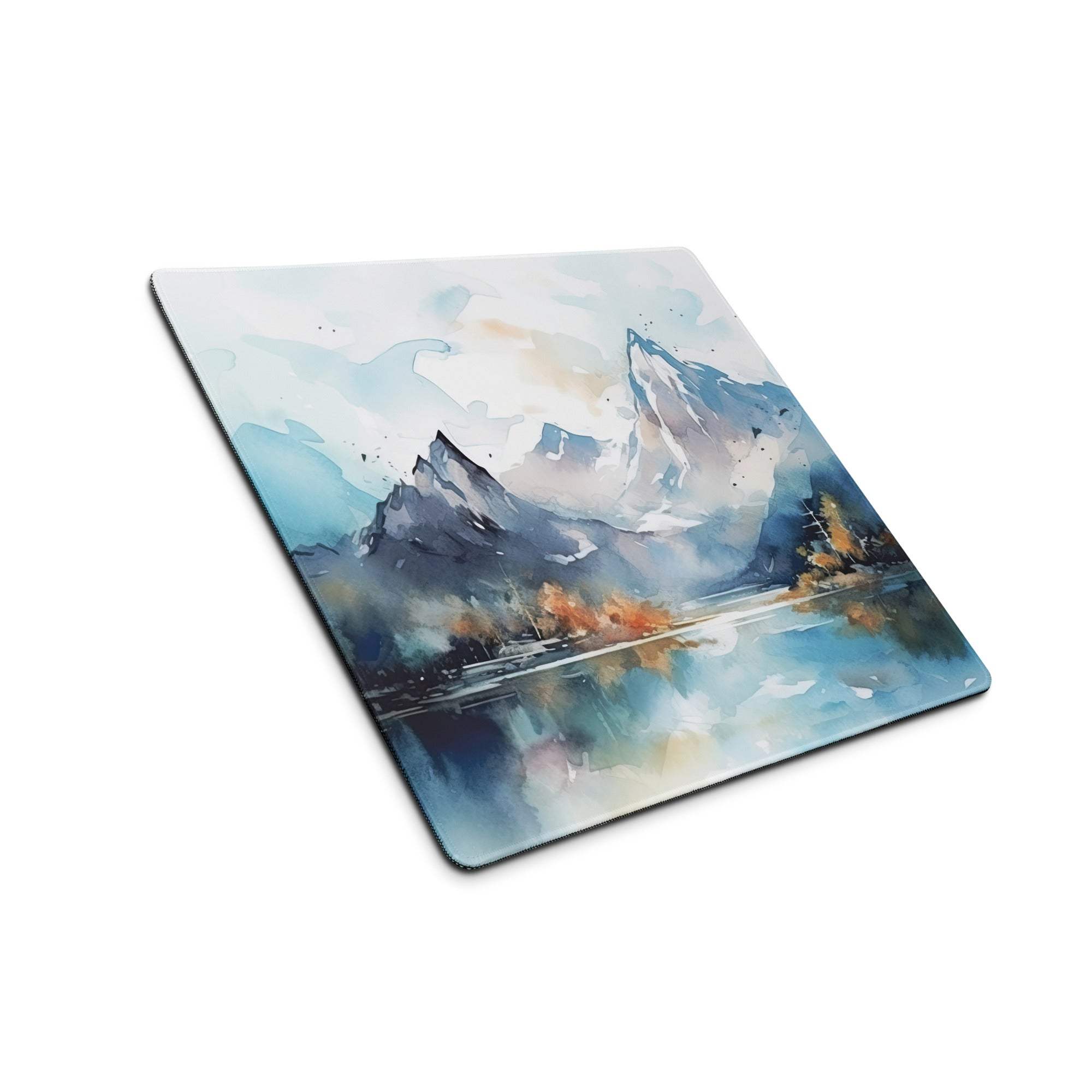 Square watercolor mountain landscape coaster in cool blue with non-slip stitching