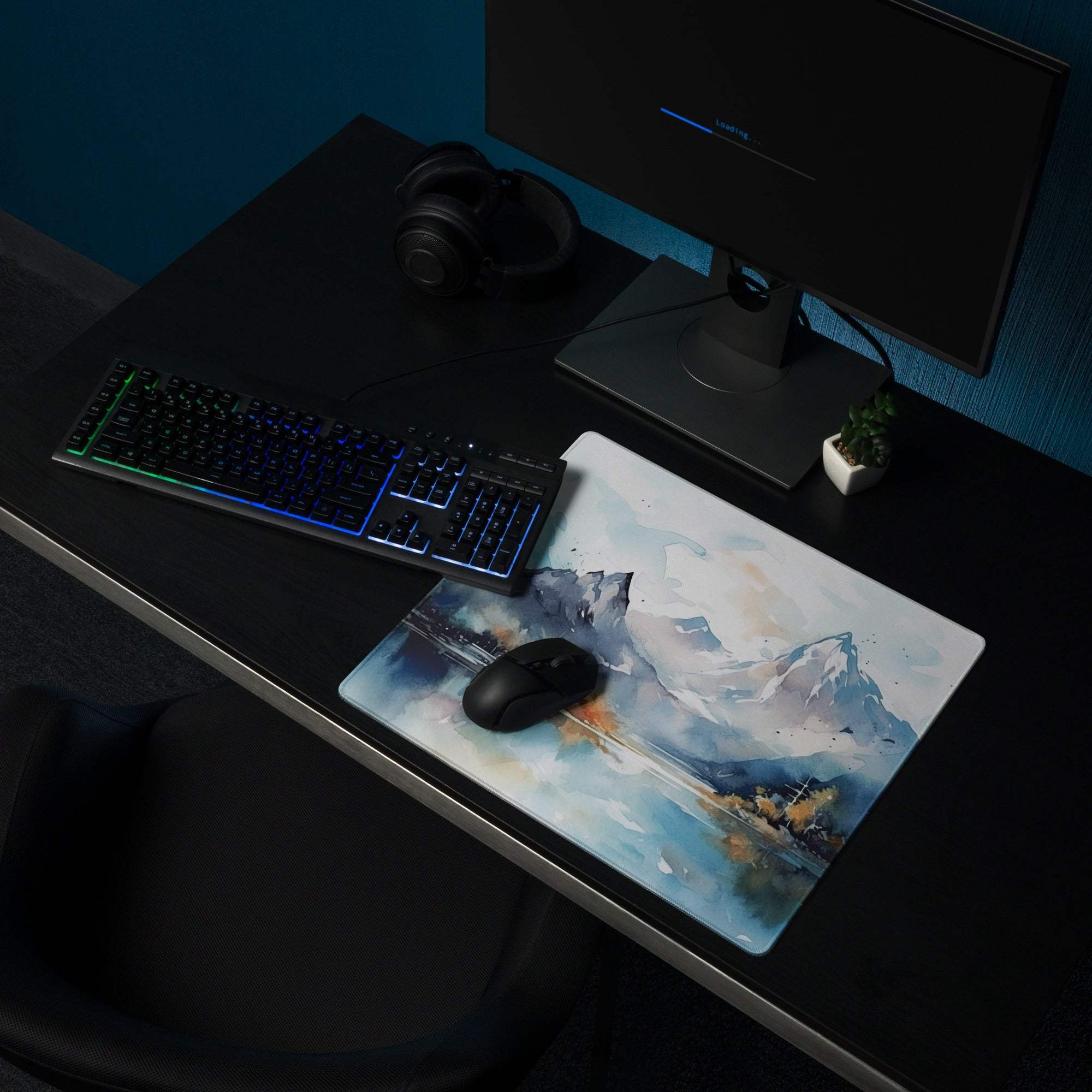 Watercolor mountain landscape gaming mouse pad in cool blue with non-slip stitching