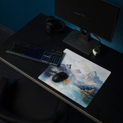 Watercolor mountain landscape gaming mouse pad in cool blue with non-slip stitching