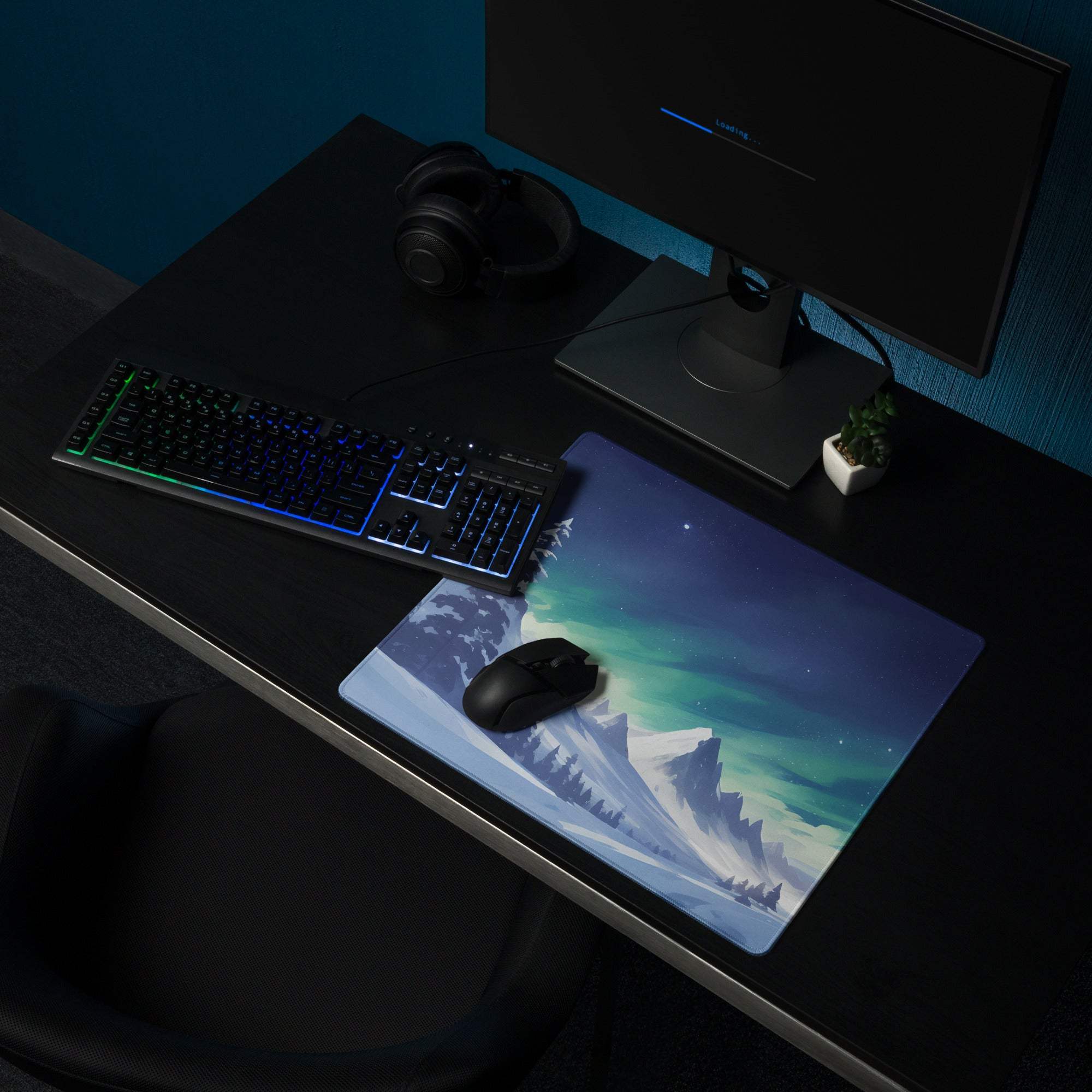 Epic Aurora Northern Lights Snowy Mountain gaming mouse pad with aurora borealis scene