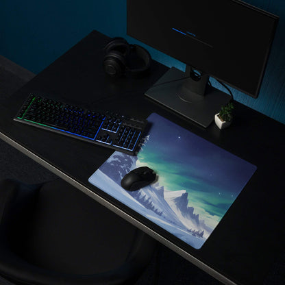 Epic Aurora Northern Lights Snowy Mountain gaming mouse pad with aurora borealis scene