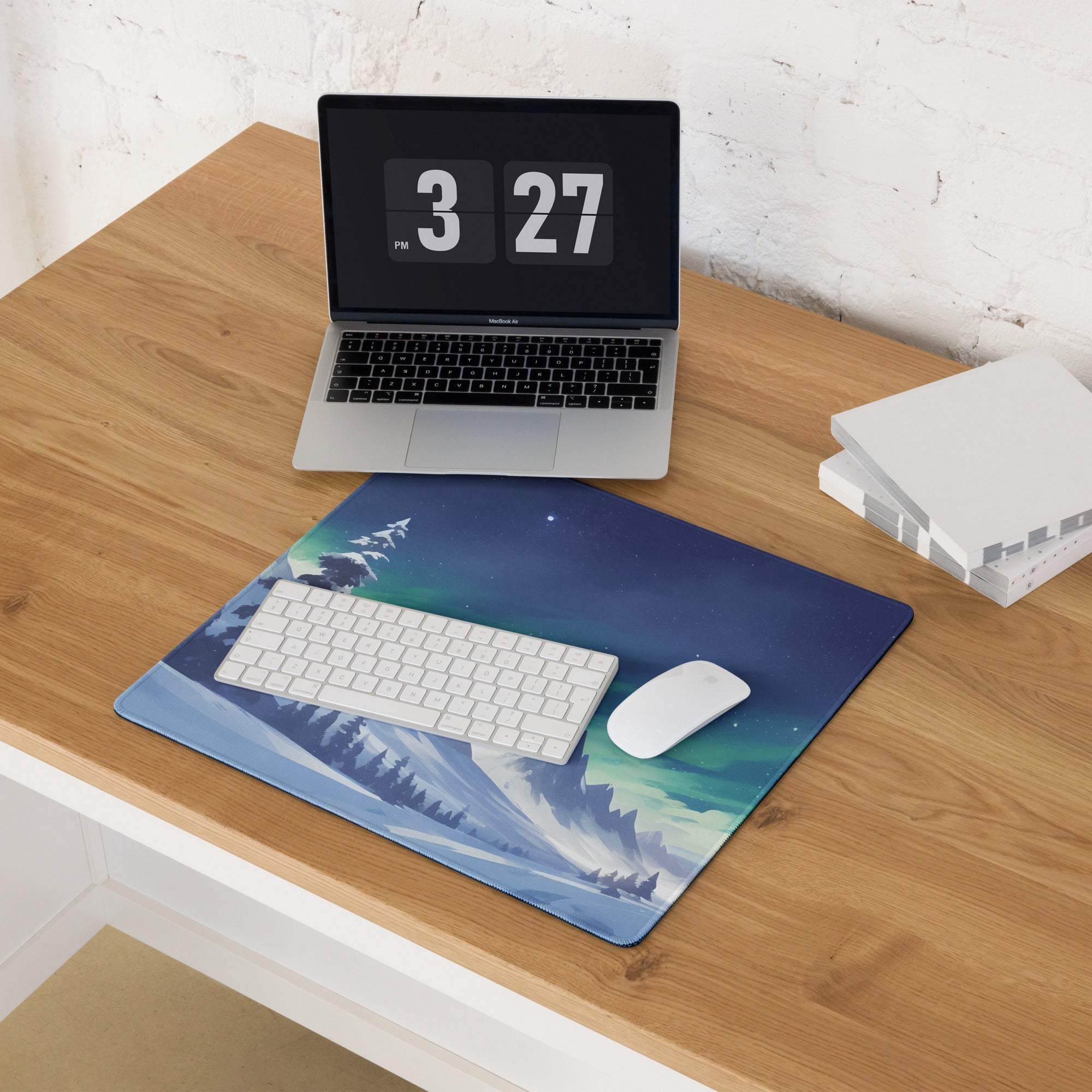Blue aurora borealis snowy mountain gaming mouse pad with non-slip backing