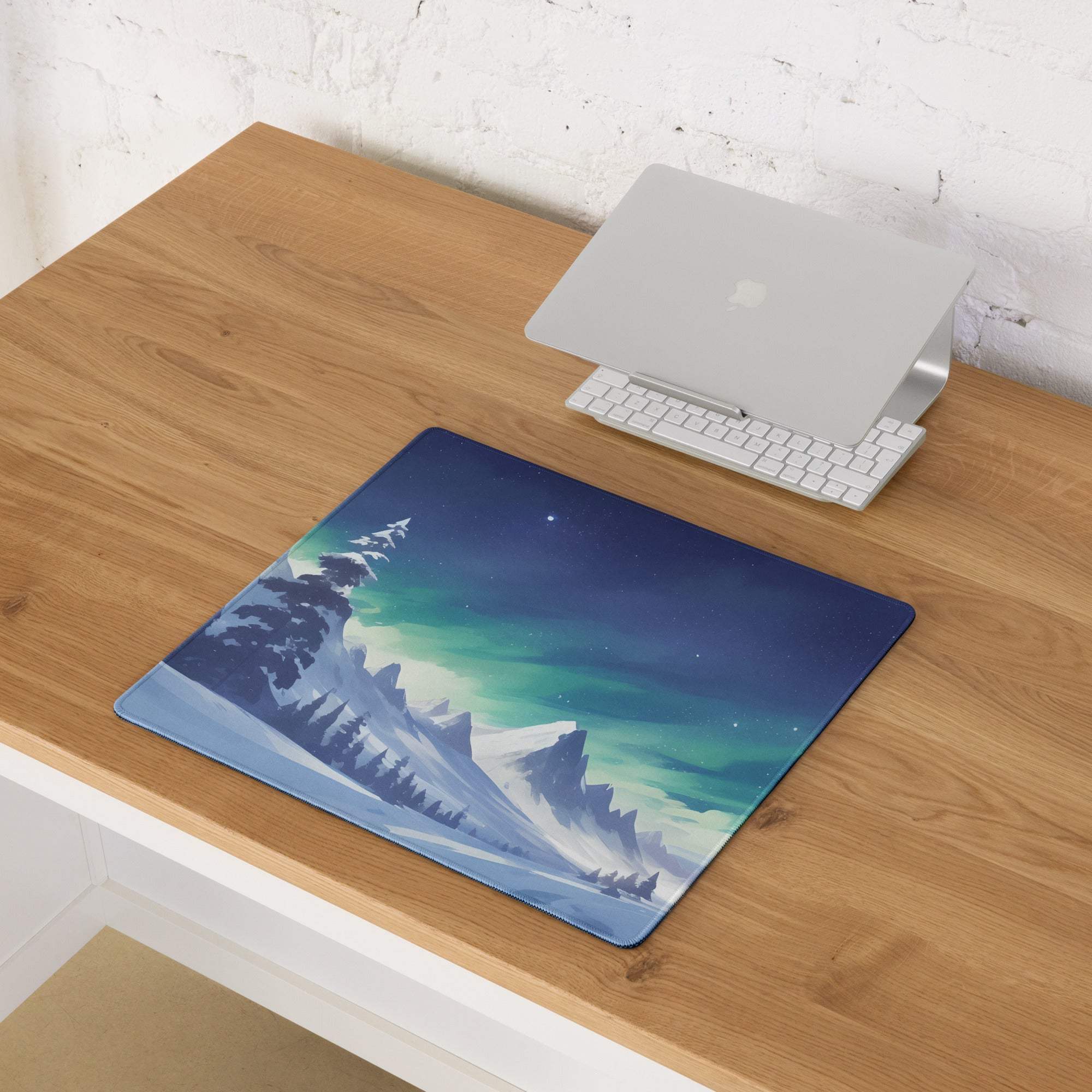 Epic Aurora Northern Lights gaming mouse pad with aurora over snowy mountains