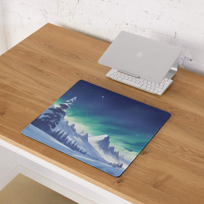 Epic Aurora Northern Lights gaming mouse pad with aurora over snowy mountains