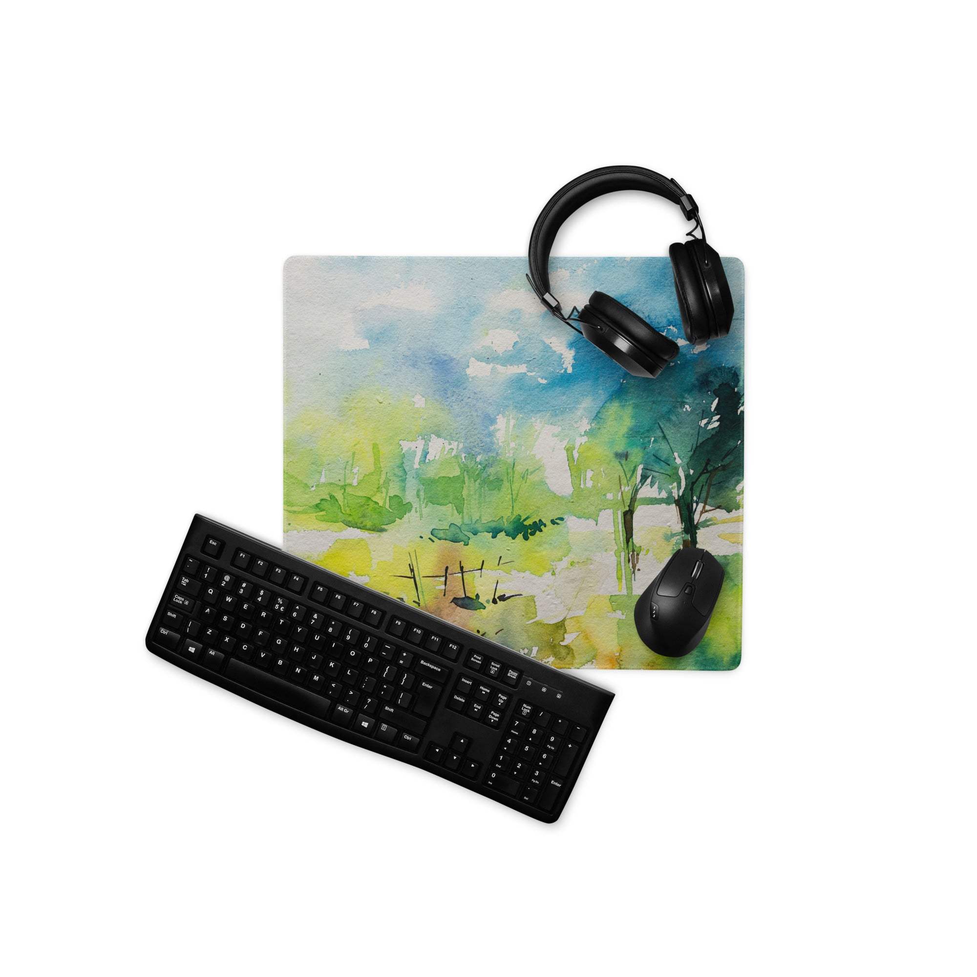 Black keyboard and mouse on pastel watercolor landscape gaming mouse pad