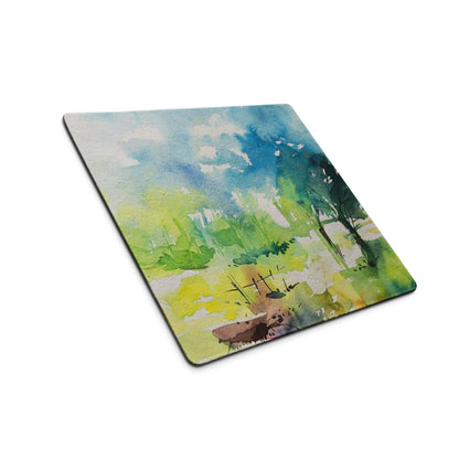 Square pastel watercolor landscape gaming mouse pad with non-slip backing