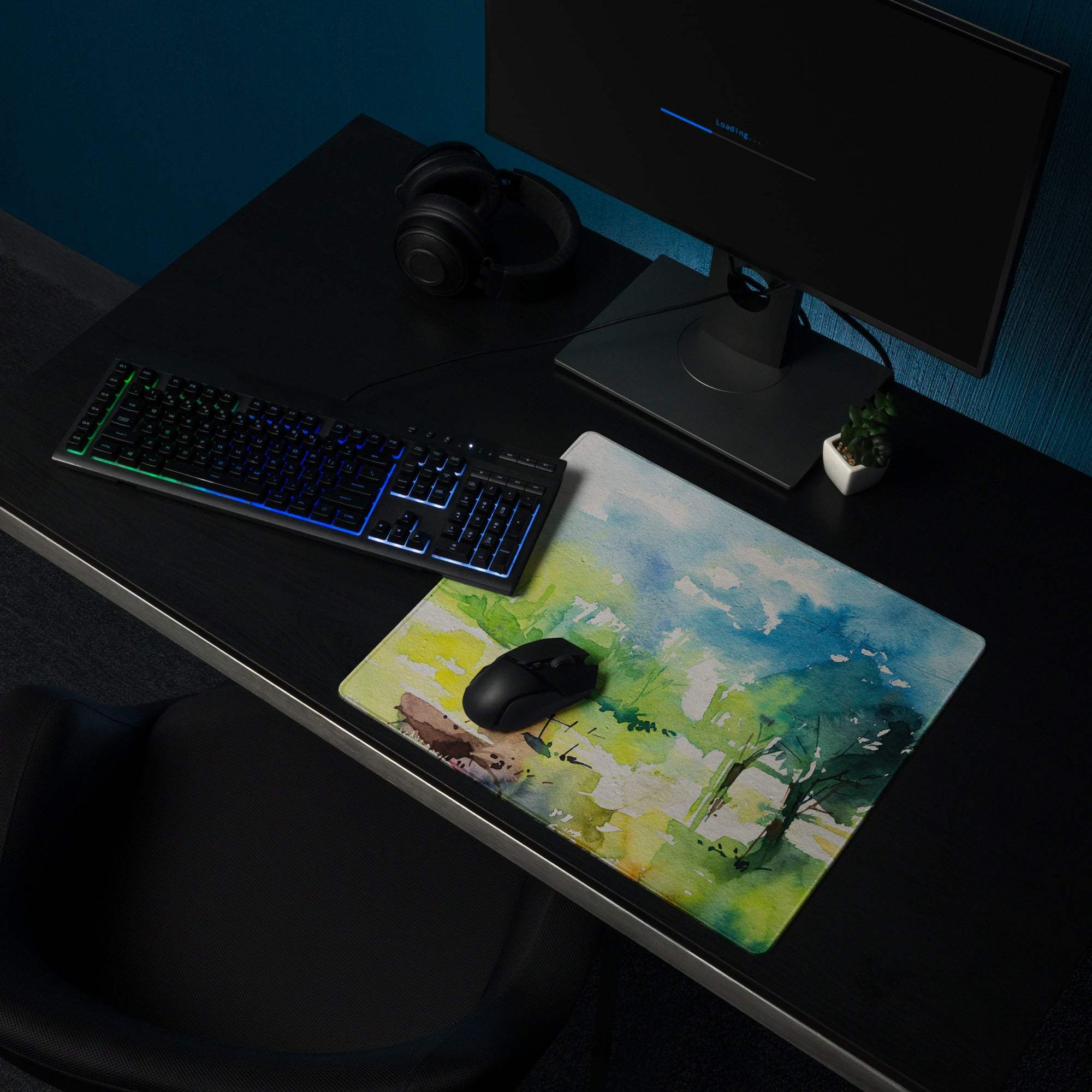Watercolor green blue landscape gaming mousepad with black mouse