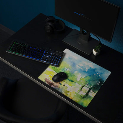Watercolor green blue landscape gaming mousepad with black mouse