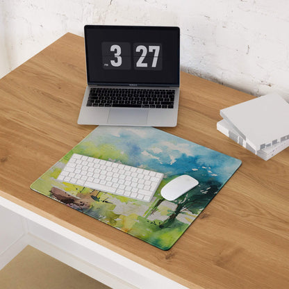 Pastel watercolor landscape gaming mouse pad, green blue white design, non-slip back