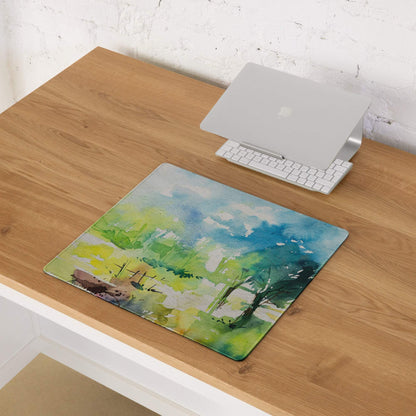 Pastel watercolor landscape gaming mouse pad, large non-slip, green blue yellow design
