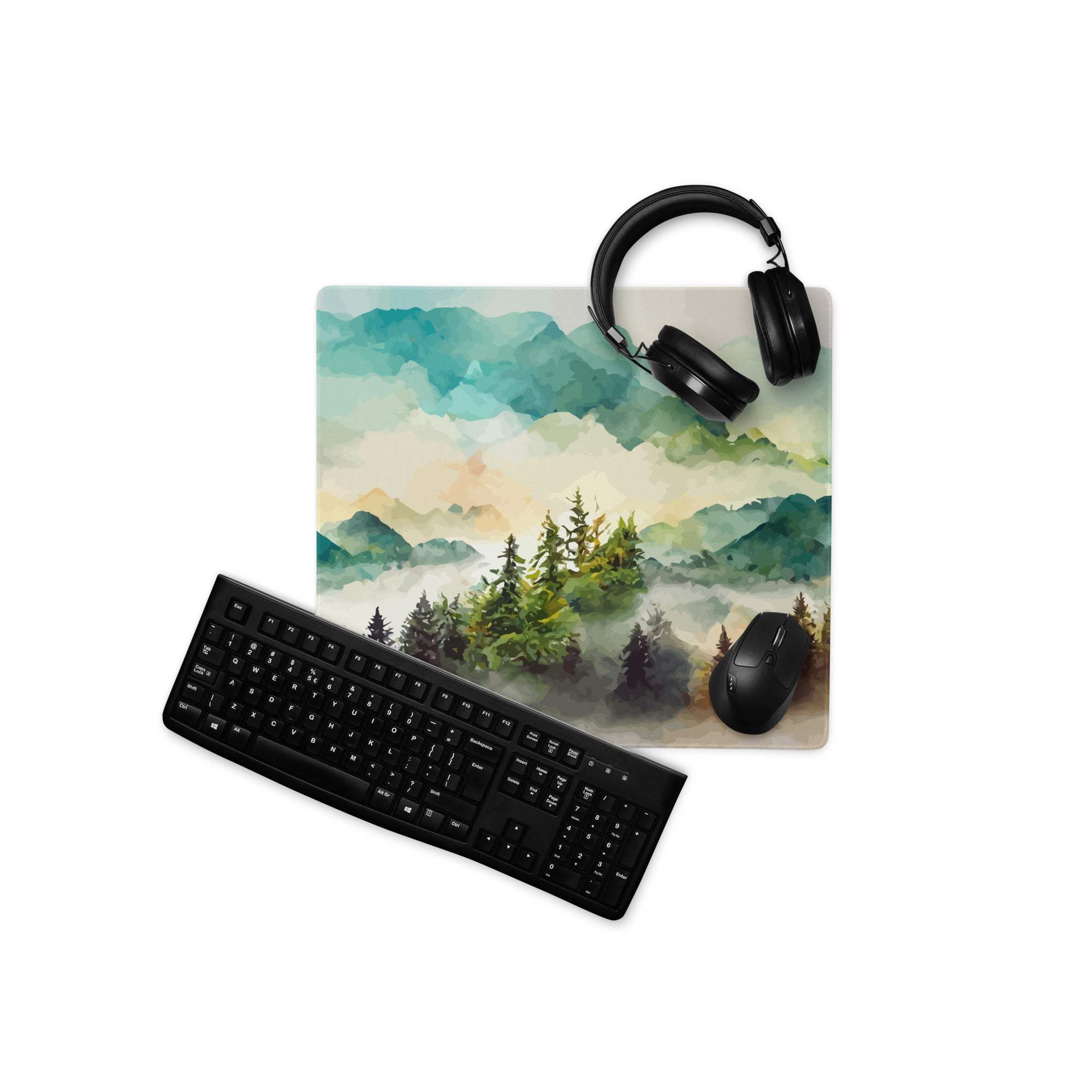 Watercolor mountain landscape pastel mist gaming mouse pad in teal, green, beige