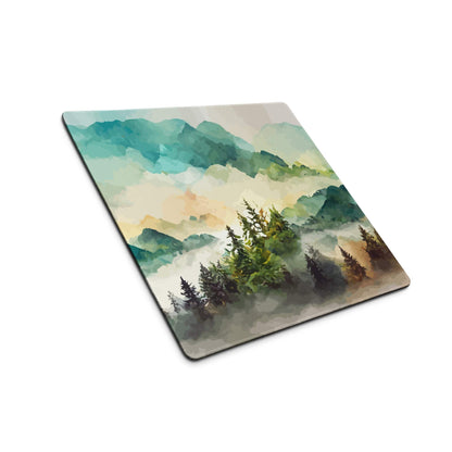 Square watercolor mountain landscape coaster with misty peaks and pines