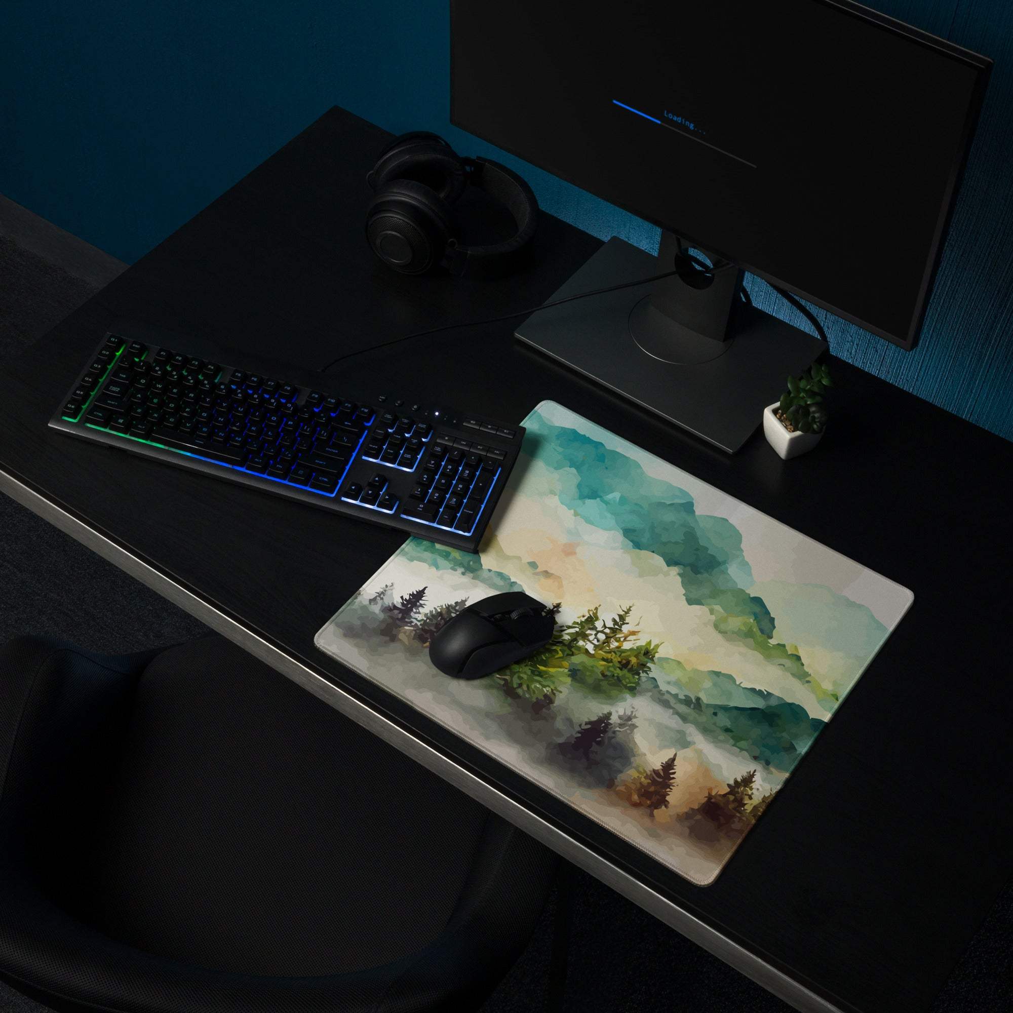 Watercolor mountain landscape pastel mist gaming mouse pad, large non-slip