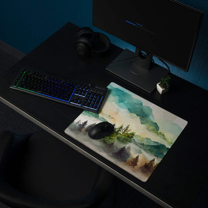 Watercolor mountain landscape pastel mist gaming mouse pad, large non-slip