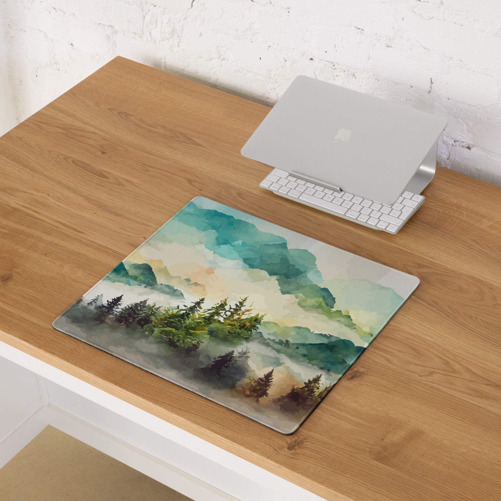 Watercolor mountain landscape pastel mist gaming mouse pad with non-slip backing