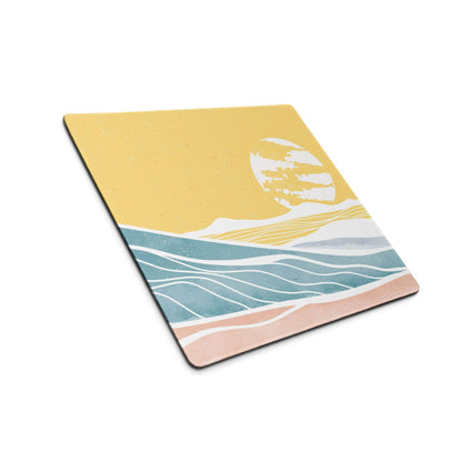 Minimalist square sunset ocean coaster in yellow teal peach tones