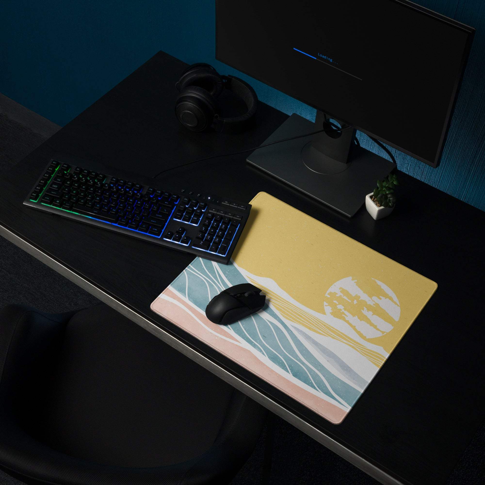 Yellow sunset ocean waves abstract gaming mouse pad with sun design