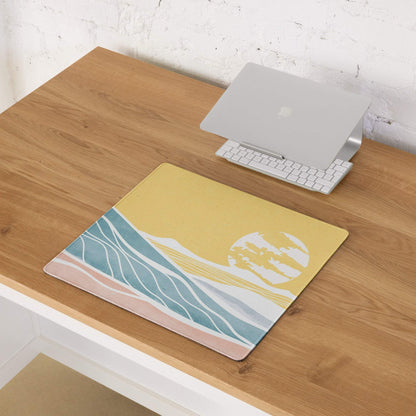 Yellow rectangular mousepad with sunset ocean waves design in teal pink white