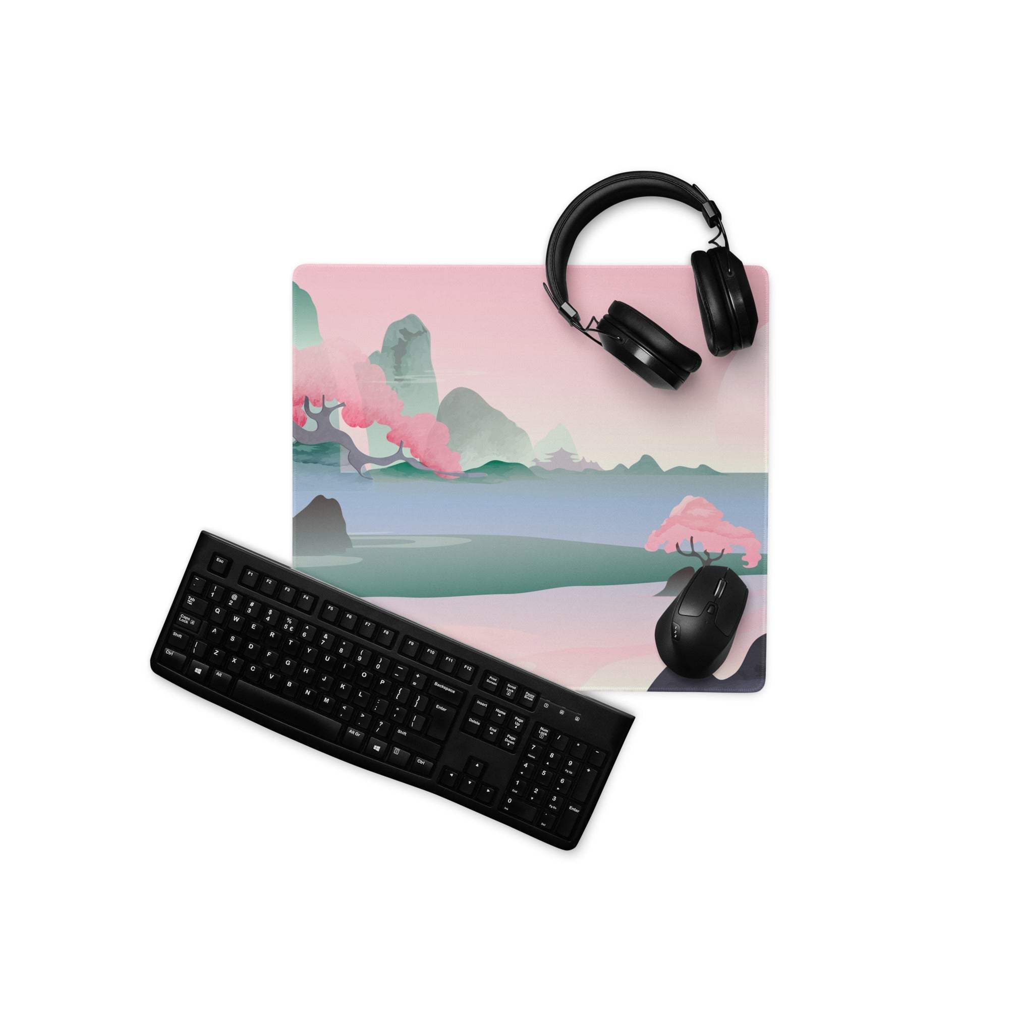 Pink green pastel landscape gaming mousepad with pink sunset design