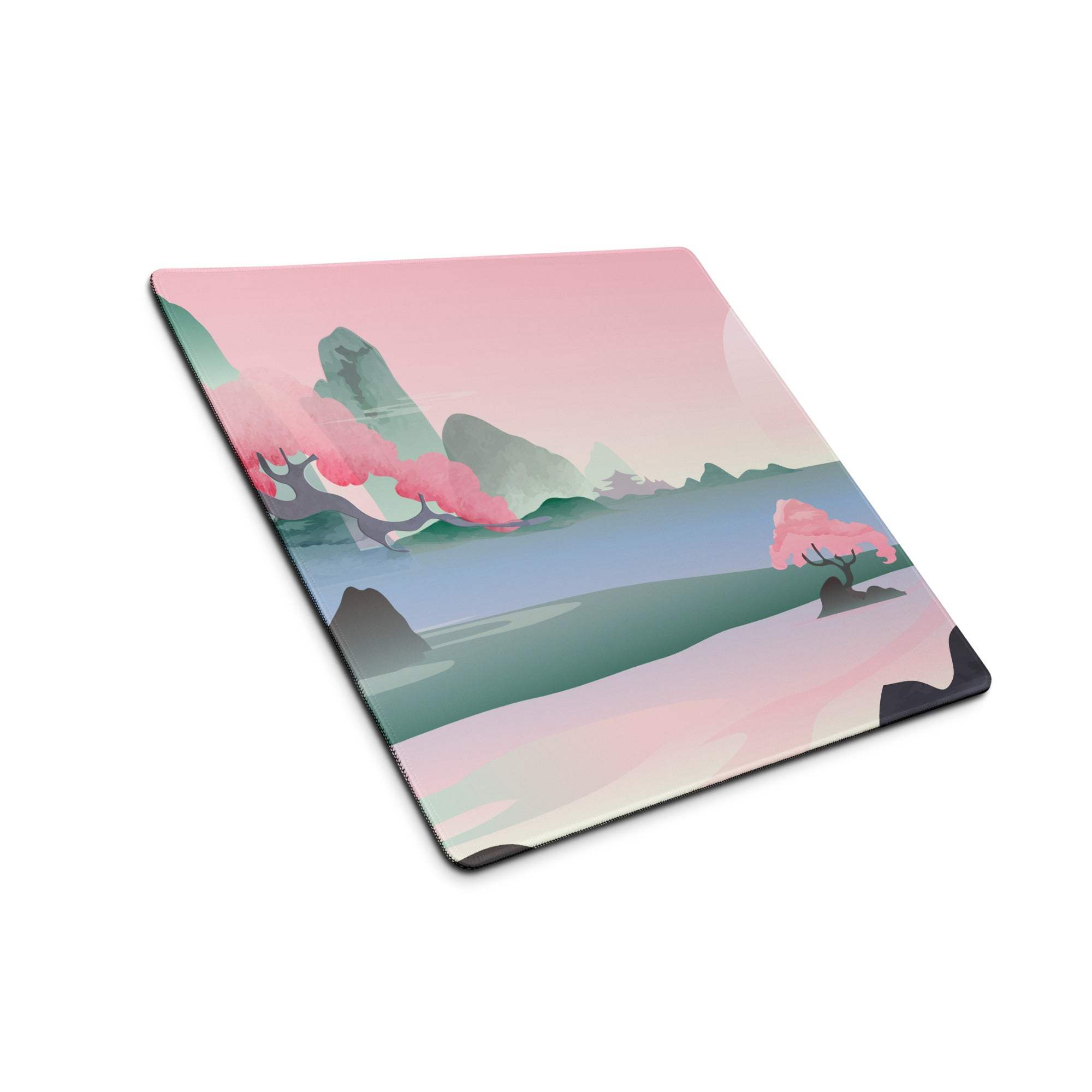 Pastel pink cherry blossom landscape gaming mouse pad with non-slip base