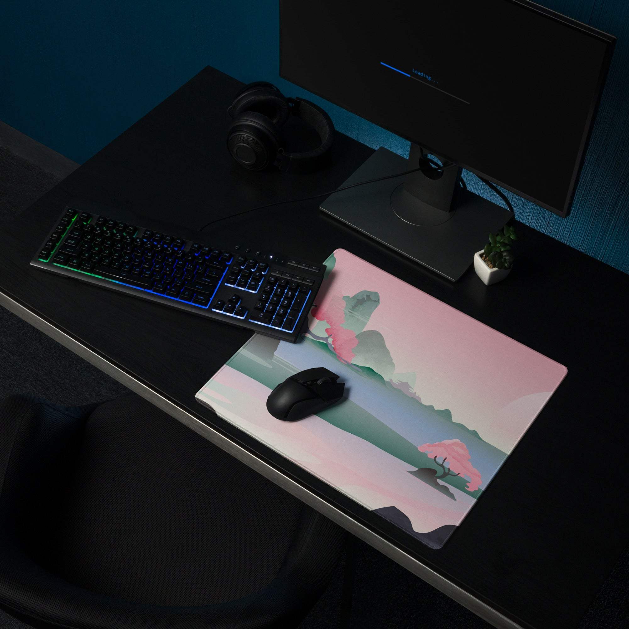 Pastel pink teal landscape gaming mouse pad with cherry blossoms