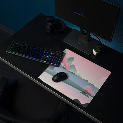 Pastel pink teal landscape gaming mouse pad with cherry blossoms