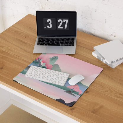 Pink green abstract landscape mousepad with white keyboard mouse