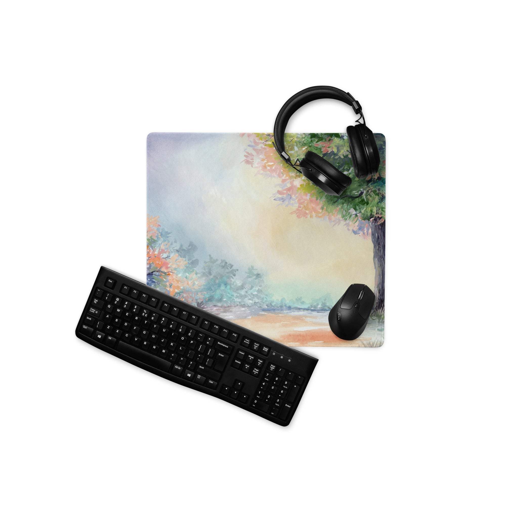 Watercolor forest tree mousepad with headphones, non-slip backing