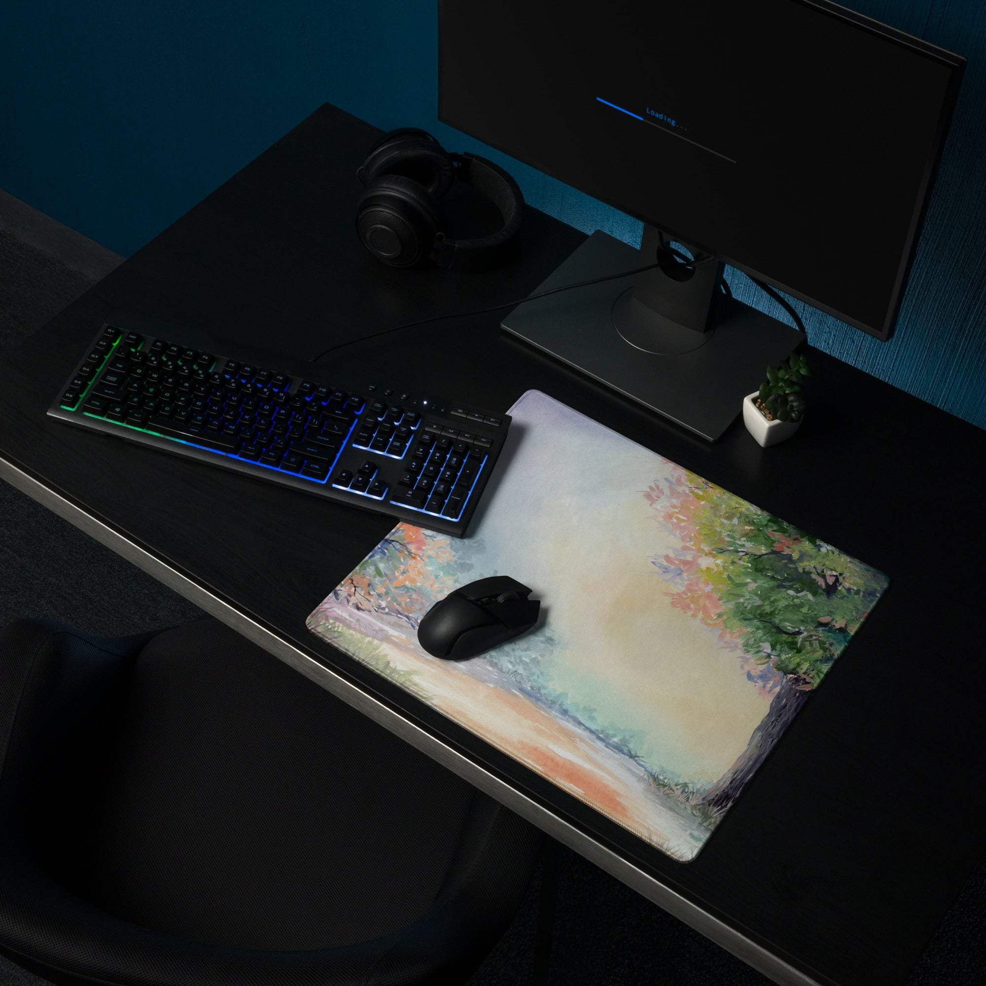 Watercolor forest landscape large gaming mouse pad with non-slip backing